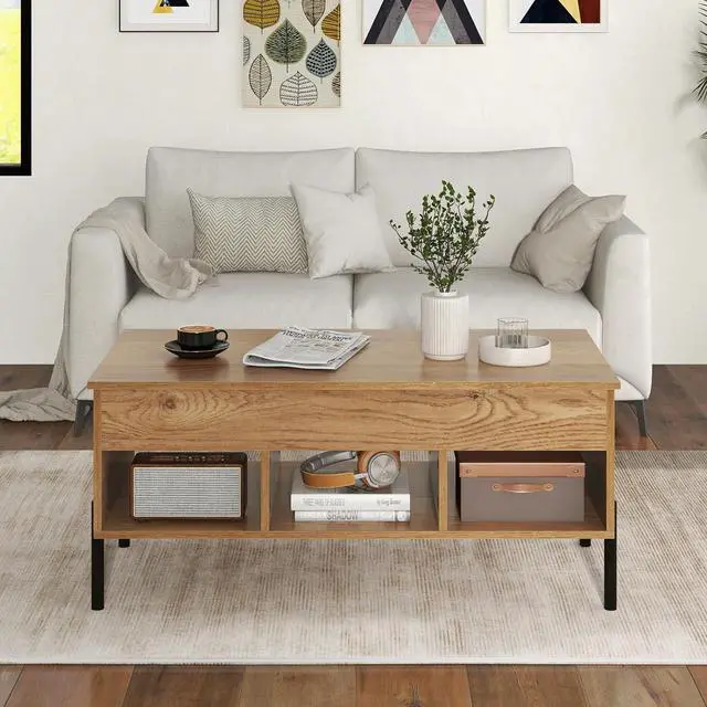 Alt view image 5 of 7 - Tangkula Lift Top Coffee Table with Metal Legs, Rising Center Table w/Hidden Compartment & 3 Open Cubbies, Multifunctional Wood Dining Working Table for Living Room Reception Room (Natural)
