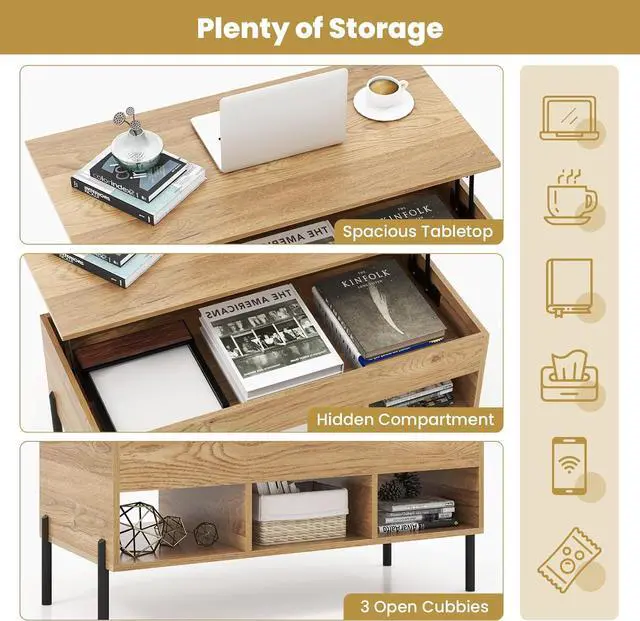Alt view image 7 of 7 - Tangkula Lift Top Coffee Table with Metal Legs, Rising Center Table w/Hidden Compartment & 3 Open Cubbies, Multifunctional Wood Dining Working Table for Living Room Reception Room (Natural)