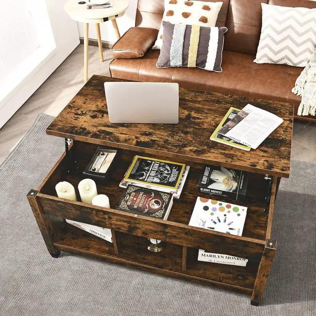 Alt view image 2 of 7 - Tangkula Wood Lift Top Modern Coffee Table w/Hidden Compartment and Open Storage Shelf for Living Room Office Reception Room(Rustic Brown)