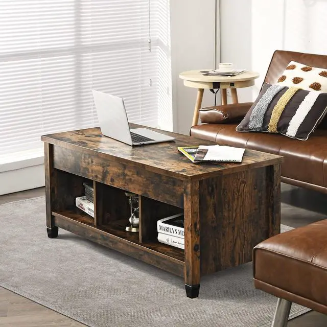 Alt view image 4 of 7 - Tangkula Wood Lift Top Modern Coffee Table w/Hidden Compartment and Open Storage Shelf for Living Room Office Reception Room(Rustic Brown)