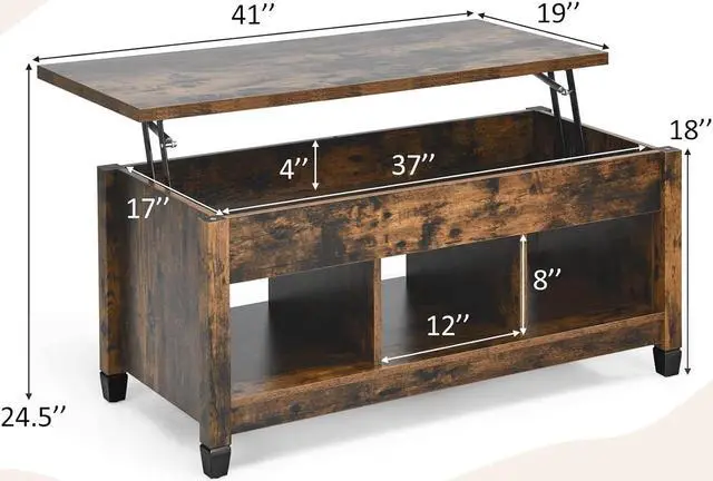 Alt view image 3 of 7 - Tangkula Wood Lift Top Modern Coffee Table w/Hidden Compartment and Open Storage Shelf for Living Room Office Reception Room(Rustic Brown)