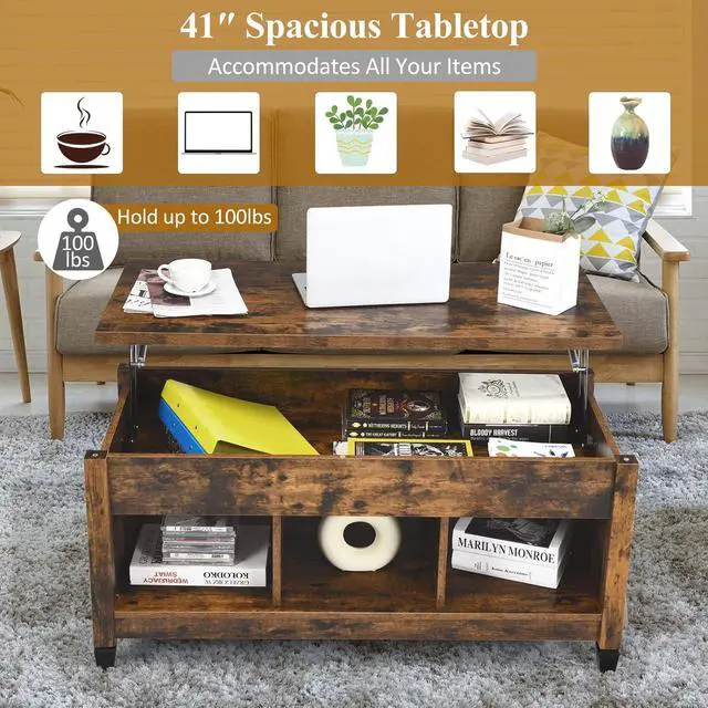 Alt view image 5 of 7 - Tangkula Wood Lift Top Modern Coffee Table w/Hidden Compartment and Open Storage Shelf for Living Room Office Reception Room(Rustic Brown)