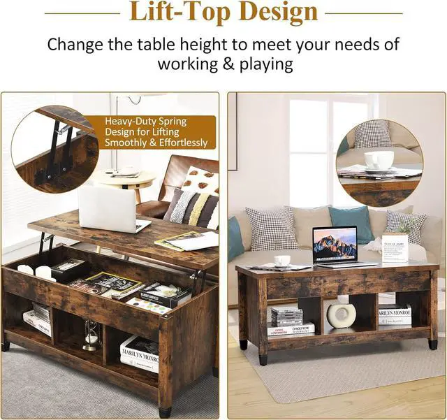 Alt view image 6 of 7 - Tangkula Wood Lift Top Modern Coffee Table w/Hidden Compartment and Open Storage Shelf for Living Room Office Reception Room(Rustic Brown)