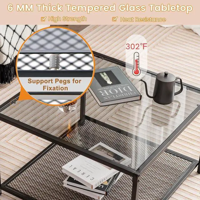 Alt view image 4 of 7 - Giantex 27.5" Square Coffee Table - Tempered Glass Center Table w/Bottom Storage Shelf & Metal Frame, Modern Accent Table for Small Space, Living Room, Home, Office (2-Tier, Gray)