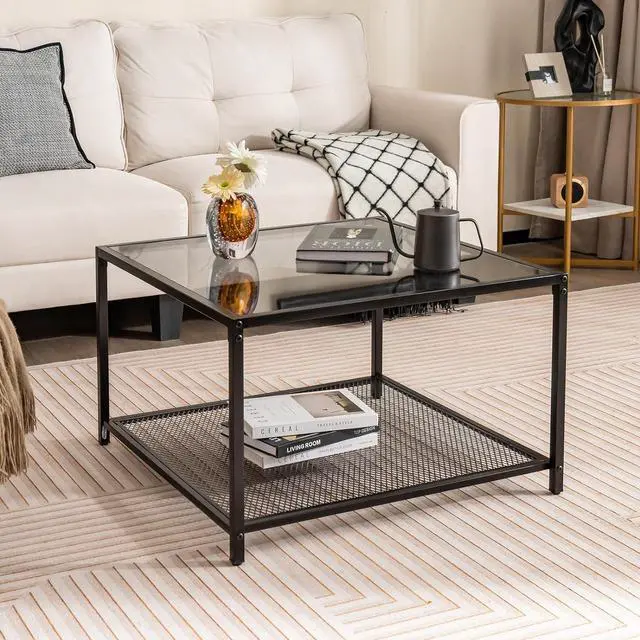 Alt view image 3 of 7 - Giantex 27.5" Square Coffee Table - Tempered Glass Center Table w/Bottom Storage Shelf & Metal Frame, Modern Accent Table for Small Space, Living Room, Home, Office (2-Tier, Gray)