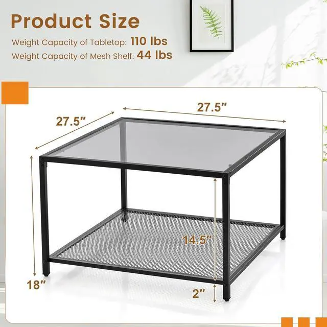 Alt view image 2 of 7 - Giantex 27.5" Square Coffee Table - Tempered Glass Center Table w/Bottom Storage Shelf & Metal Frame, Modern Accent Table for Small Space, Living Room, Home, Office (2-Tier, Gray)