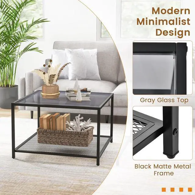 Alt view image 6 of 7 - Giantex 27.5" Square Coffee Table - Tempered Glass Center Table w/Bottom Storage Shelf & Metal Frame, Modern Accent Table for Small Space, Living Room, Home, Office (2-Tier, Gray)