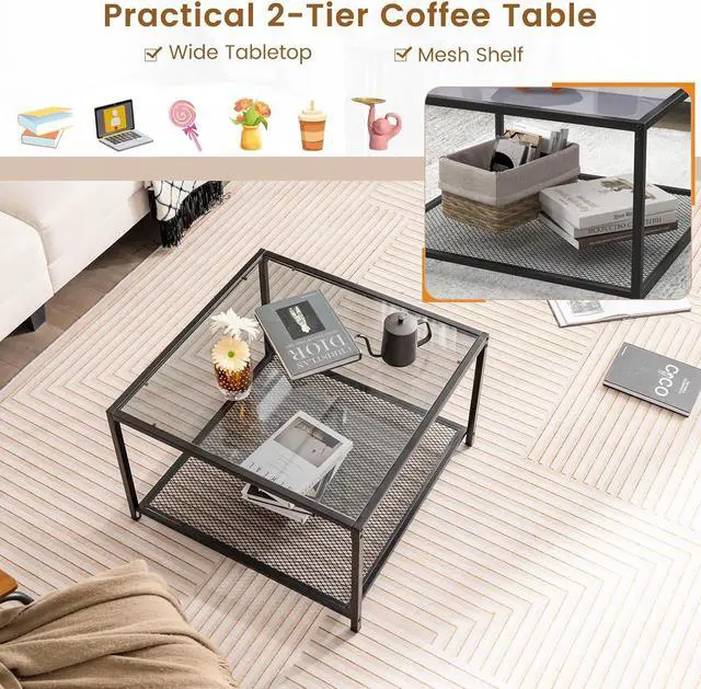 Alt view image 5 of 7 - Giantex 27.5" Square Coffee Table - Tempered Glass Center Table w/Bottom Storage Shelf & Metal Frame, Modern Accent Table for Small Space, Living Room, Home, Office (2-Tier, Gray)