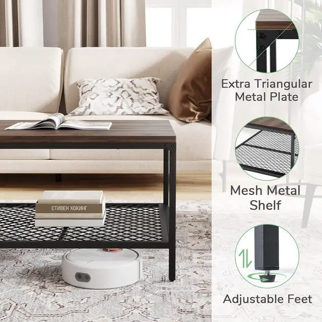 Alt view image 4 of 7 - Novilla Wood Coffee Table with Storage Shelf Farmhouse Living Room Table Tea Dining Table,Easy Assembly,43 Inch, Walnut