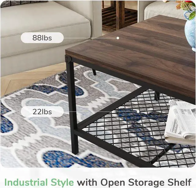 Alt view image 5 of 7 - Novilla Wood Coffee Table with Storage Shelf Farmhouse Living Room Table Tea Dining Table,Easy Assembly,43 Inch, Walnut
