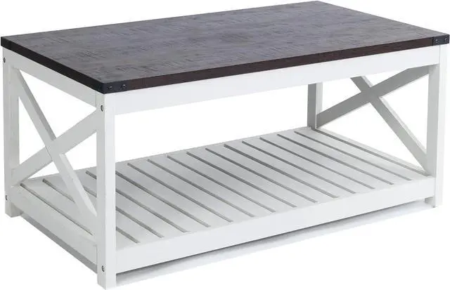 Alt view image 7 of 7 - Rainbow Sophia Farmhouse Coffee Table with Slatted Shelf and Corner Protection, 40 Inches, Vintage White/Espresso