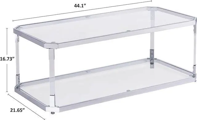 Alt view image 2 of 7 - MINPINSER Glass Coffee Table, Clear Coffee Table with 2 Tiers, Acrylic Leg, Chrome Frame, Rectangular Center Table for Living Room