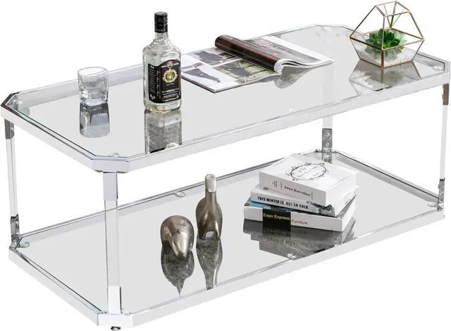 Alt view image 3 of 7 - MINPINSER Glass Coffee Table, Clear Coffee Table with 2 Tiers, Acrylic Leg, Chrome Frame, Rectangular Center Table for Living Room