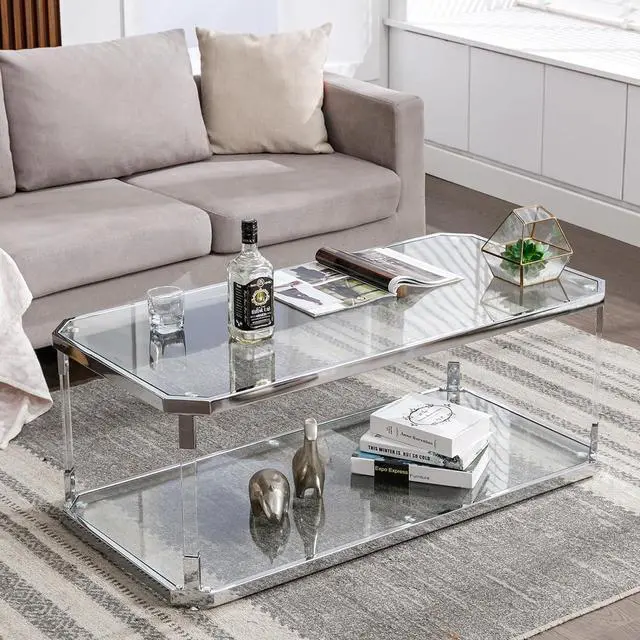 Alt view image 5 of 7 - MINPINSER Glass Coffee Table, Clear Coffee Table with 2 Tiers, Acrylic Leg, Chrome Frame, Rectangular Center Table for Living Room