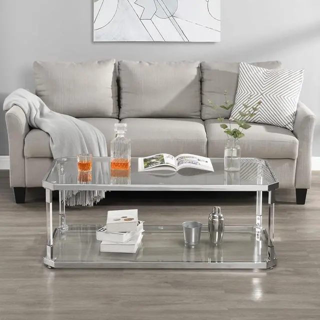 Alt view image 6 of 7 - MINPINSER Glass Coffee Table, Clear Coffee Table with 2 Tiers, Acrylic Leg, Chrome Frame, Rectangular Center Table for Living Room