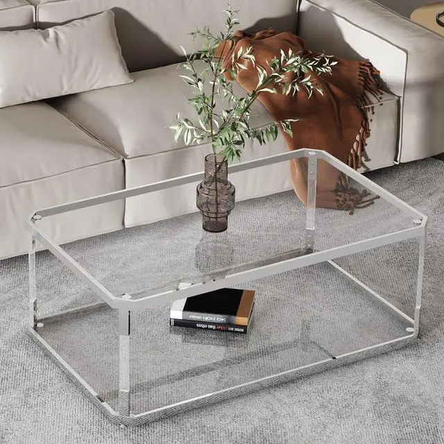 Alt view image 7 of 7 - MINPINSER Glass Coffee Table, Clear Coffee Table with 2 Tiers, Acrylic Leg, Chrome Frame, Rectangular Center Table for Living Room