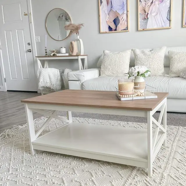 Alt view image 2 of 7 - PHI VILLA Coffee Table - Modern Coffee Tables with Storage for Living Room Shelf 2 Tiers, Farmhouse Coffee Table Set