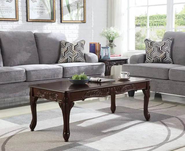 Main image of Roundhill Furniture Traditional Ornate Detailing Wood Coffee Table, Dark Cherry