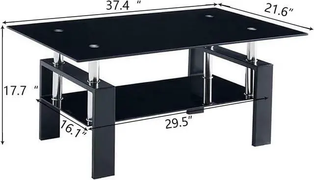 Alt view image 2 of 7 - Rectangle Glass Modern Coffee Table - Black, 37D x 22W x 18H in, Coffee Table with Storage Shelf