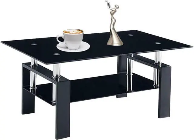 Alt view image 3 of 7 - Rectangle Glass Modern Coffee Table - Black, 37D x 22W x 18H in, Coffee Table with Storage Shelf