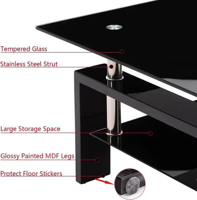 Alt view image 4 of 7 - Rectangle Glass Modern Coffee Table - Black, 37D x 22W x 18H in, Coffee Table with Storage Shelf