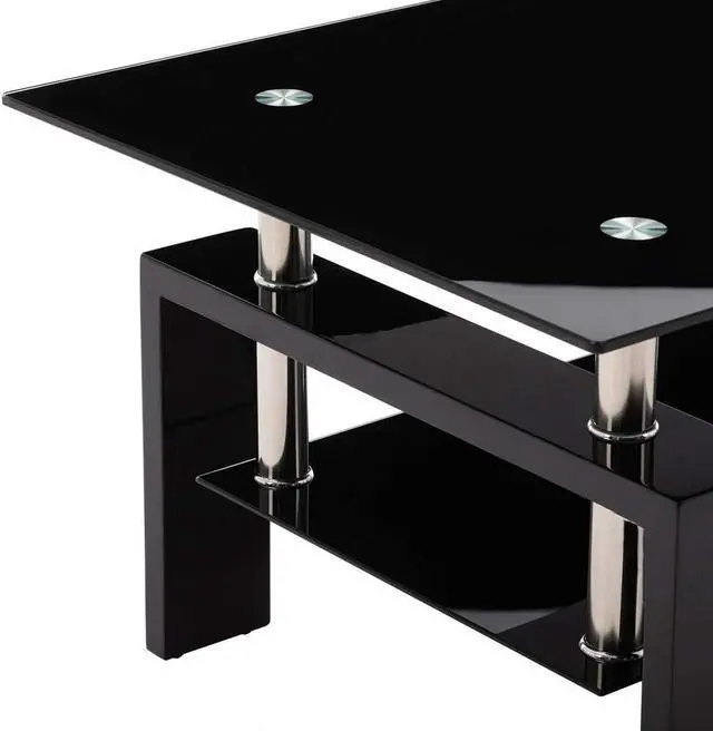 Alt view image 5 of 7 - Rectangle Glass Modern Coffee Table - Black, 37D x 22W x 18H in, Coffee Table with Storage Shelf