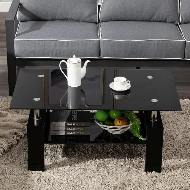 Alt view image 6 of 7 - Rectangle Glass Modern Coffee Table - Black, 37D x 22W x 18H in, Coffee Table with Storage Shelf
