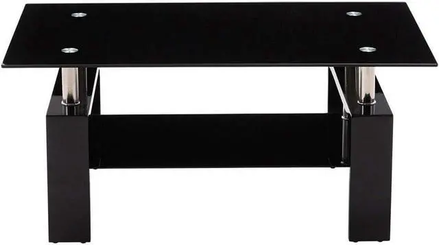 Alt view image 7 of 7 - Rectangle Glass Modern Coffee Table - Black, 37D x 22W x 18H in, Coffee Table with Storage Shelf