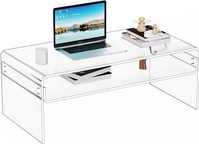 Main image of Acrylic Coffee Table for Living Room Clear Rectangle Lucite Table with Open Storage Shelf, Clear
