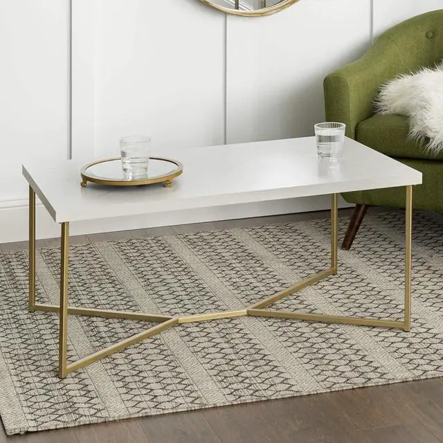 Main image of Walker Edison Mid Century Modern Marble Gold Rectangle Coffee Table Living Room Accent Ottoman Storage Shelf, 42 Inch, Marble and Gold