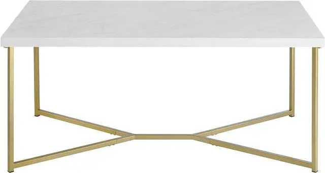 Alt view image 3 of 7 - Walker Edison Mid Century Modern Marble Gold Rectangle Coffee Table Living Room Accent Ottoman Storage Shelf, 42 Inch, Marble and Gold