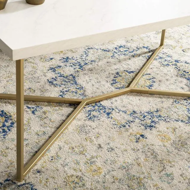 Alt view image 5 of 7 - Walker Edison Mid Century Modern Marble Gold Rectangle Coffee Table Living Room Accent Ottoman Storage Shelf, 42 Inch, Marble and Gold