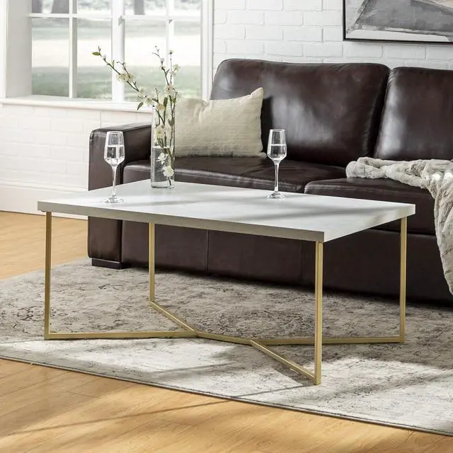 Alt view image 7 of 7 - Walker Edison Mid Century Modern Marble Gold Rectangle Coffee Table Living Room Accent Ottoman Storage Shelf, 42 Inch, Marble and Gold