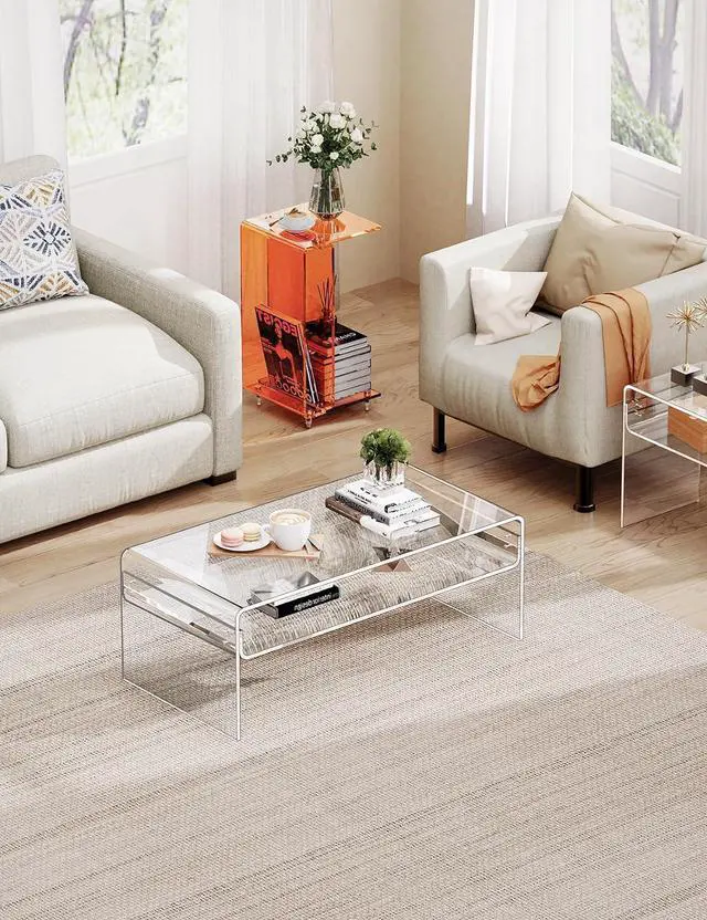 Alt view image 5 of 7 - Acrylic Coffee Table for Living Room Clear Rectangle Lucite Table with Open Storage Shelf, Clear