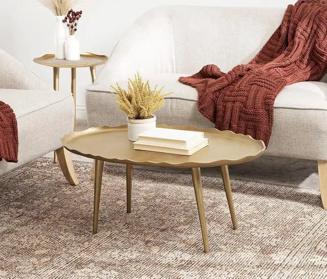 Alt view image 2 of 7 - Kate and Laurel Alessia Modern Glam Oval Coffee Table; 34 x 20 x 15; Gold; Metal Living Room Table for Storage and Display with Antique Deckled Edge Detailing