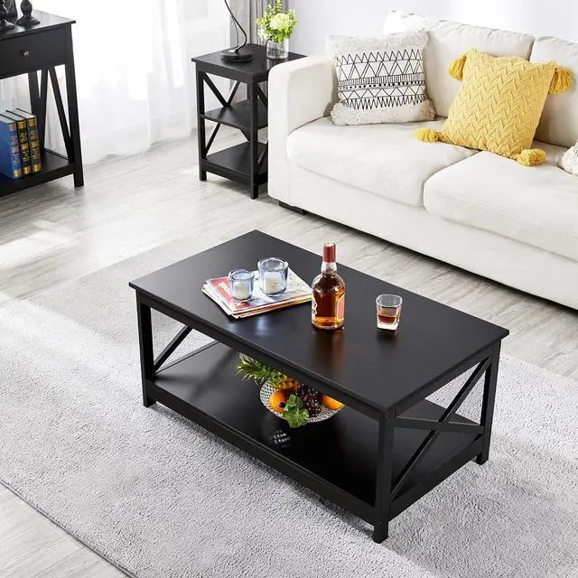 Alt view image 2 of 7 - Yaheetech Black Coffee Table for Living Room, X-Design Storage Shelf, 39.5"