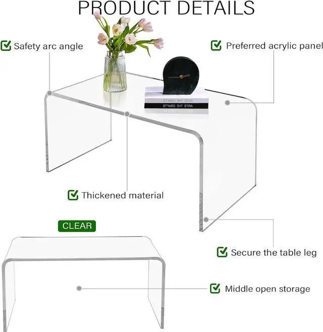 Alt view image 6 of 7 - VDGPWA Acrylic Coffee Table with Round Edges,32" L*16" W *16" H, 3/5" Thick Lucite Coffee Table, Rectangle Clear Coffee Table Acrylic Furniture for Living Room Bedroom, Indoor (Clear)