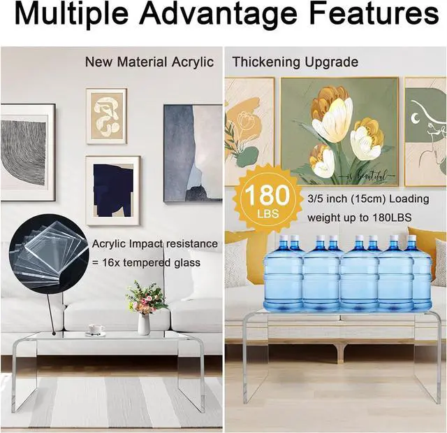Alt view image 4 of 7 - VDGPWA Acrylic Coffee Table with Round Edges,32" L*16" W *16" H, 3/5" Thick Lucite Coffee Table, Rectangle Clear Coffee Table Acrylic Furniture for Living Room Bedroom, Indoor (Clear)
