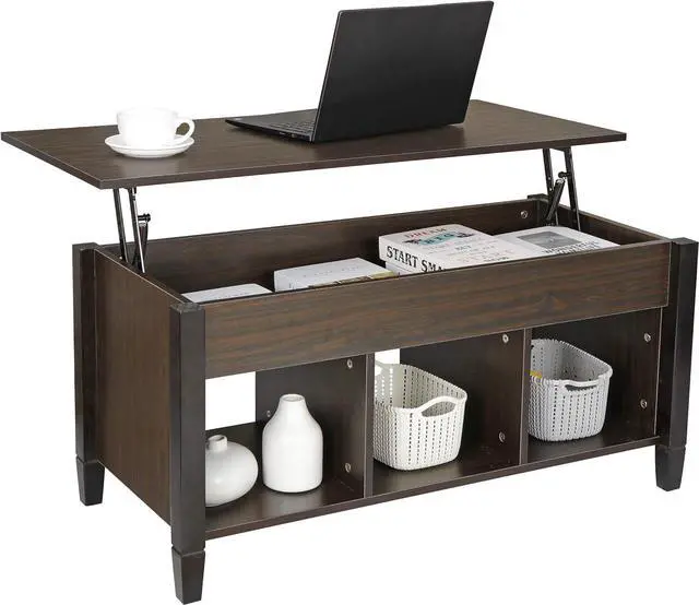 Main image of SUPER DEAL Wood Coffee Table Lift Tabletop w/Hidden Compartment 3 Storage Shelf Modern Pop-up Rising Dining Table for Home Living Room, 41 in L Espresso