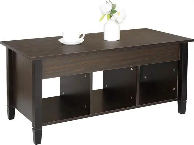 Alt view image 3 of 7 - SUPER DEAL Wood Coffee Table Lift Tabletop w/Hidden Compartment 3 Storage Shelf Modern Pop-up Rising Dining Table for Home Living Room, 41 in L Espresso