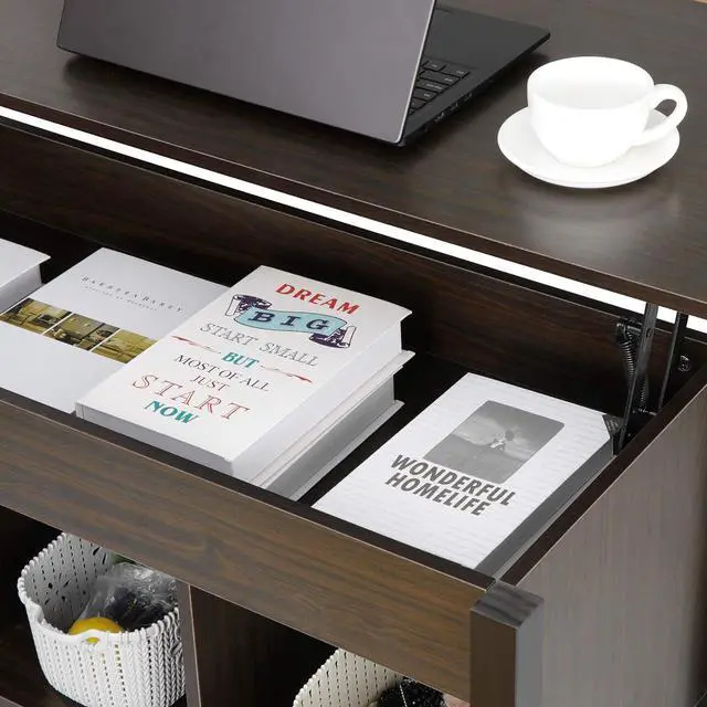 Alt view image 5 of 7 - SUPER DEAL Wood Coffee Table Lift Tabletop w/Hidden Compartment 3 Storage Shelf Modern Pop-up Rising Dining Table for Home Living Room, 41 in L Espresso