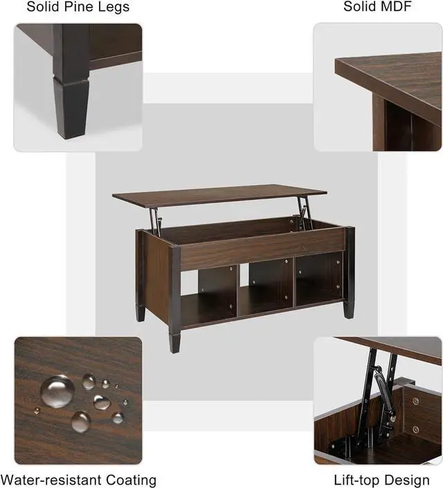 Alt view image 7 of 7 - SUPER DEAL Wood Coffee Table Lift Tabletop w/Hidden Compartment 3 Storage Shelf Modern Pop-up Rising Dining Table for Home Living Room, 41 in L Espresso