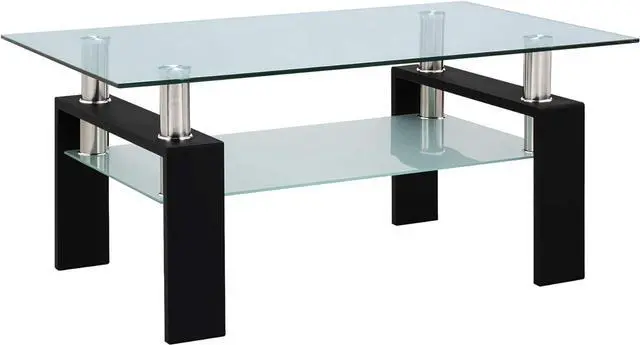 Main image of Rectangle Glass Coffee Table, Tea Table Modern Side Coffee Table with Lower Shelf Suitable for Living Room, 2-Tier Center Coffee Tables for Living Room, Tempered Glass Tabletop & Metal Legs (Black)