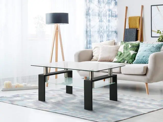 Alt view image 2 of 7 - Rectangle Glass Coffee Table, Tea Table Modern Side Coffee Table with Lower Shelf Suitable for Living Room, 2-Tier Center Coffee Tables for Living Room, Tempered Glass Tabletop & Metal Legs (Black)