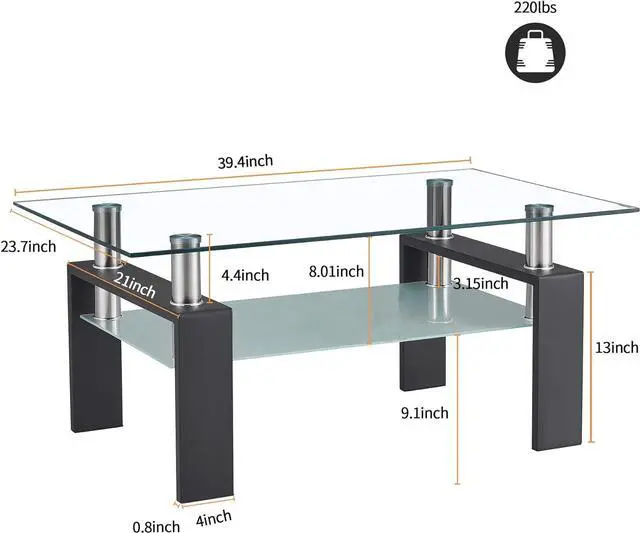 Alt view image 3 of 7 - Rectangle Glass Coffee Table, Tea Table Modern Side Coffee Table with Lower Shelf Suitable for Living Room, 2-Tier Center Coffee Tables for Living Room, Tempered Glass Tabletop & Metal Legs (Black)