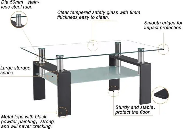 Alt view image 5 of 7 - Rectangle Glass Coffee Table, Tea Table Modern Side Coffee Table with Lower Shelf Suitable for Living Room, 2-Tier Center Coffee Tables for Living Room, Tempered Glass Tabletop & Metal Legs (Black)