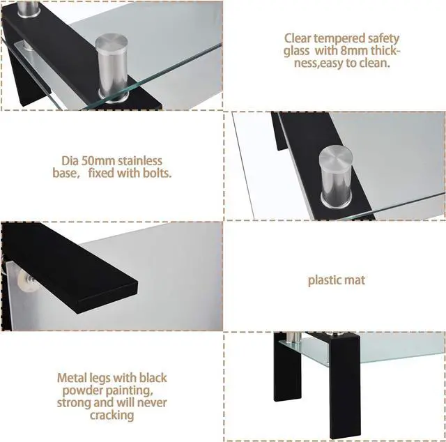 Alt view image 7 of 7 - Rectangle Glass Coffee Table, Tea Table Modern Side Coffee Table with Lower Shelf Suitable for Living Room, 2-Tier Center Coffee Tables for Living Room, Tempered Glass Tabletop & Metal Legs (Black)