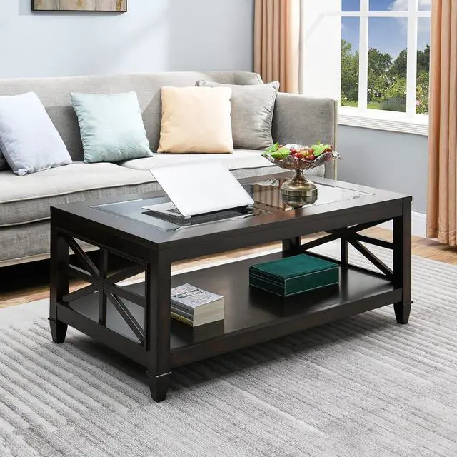 Alt view image 4 of 7 - Solid Wood Coffee Table with Tempered Glass Top, Farmhouse Living Room Center Table with 2-tire Storage Shelf, Traditional Cocktail Table, 45.5 x 26 x 19 Easy Assembly, Vintage Walnut KFZ1318DC