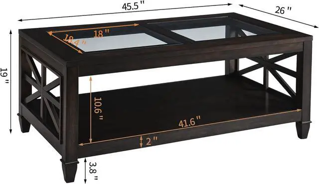 Alt view image 3 of 7 - Solid Wood Coffee Table with Tempered Glass Top, Farmhouse Living Room Center Table with 2-tire Storage Shelf, Traditional Cocktail Table, 45.5 x 26 x 19 Easy Assembly, Vintage Walnut KFZ1318DC