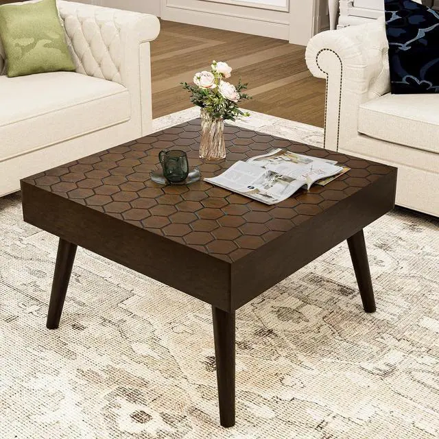 Alt view image 3 of 7 - HOMPUS Rustic Farmhouse Square Coffee Table Honeycomb Pattern MDF Board Wood Finsh Accent Furniture Brown Modern Cocktail Side Table and End Table for Living Room,Bedroom,Home